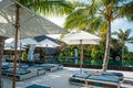 Tropical beautiful landscape of sunbeds and umbrellas near swimming pool Royalty Free Stock Photo