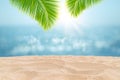 Tropical beautiful seascape view of sand beach and blurred blue sky with bokeh sunlight in background. Royalty Free Stock Photo