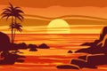 Tropical beautiful sunset, landscape, palms, sea, stones, vector, cartoon style, illustration isolated