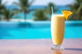 Tropical beverage fruits mango and pineapple juice or lassi under palm shadow. Generative AI Royalty Free Stock Photo