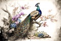 Tropical bird, colorful peacock, printable digital watercolor painting