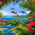 980 Tropical Bird Paradise: A vibrant and tropical background featuring tropical birds, lush foliage, and vibrant colors that cr