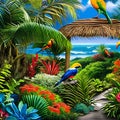 980 Tropical Bird Paradise: A vibrant and tropical background featuring tropical birds, lush foliage, and vibrant colors that cr