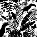 Tropical birds, butterflies and palm leaves silhouette seamless Royalty Free Stock Photo