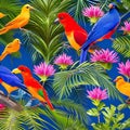 578 Tropical Birds and Foliage: A vibrant and tropical background featuring tropical birds and lush foliage in vivid and tropica Royalty Free Stock Photo