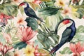 Tropical birds in a jungle perfect seamless watercolour repeating pattern. Generative ai Royalty Free Stock Photo