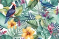 Tropical birds in a jungle perfect seamless watercolour repeating pattern. Generative ai Royalty Free Stock Photo