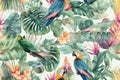 Tropical birds in a jungle perfect seamless watercolour repeating pattern. Generative ai Royalty Free Stock Photo