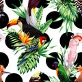 Tropical birds and palm leaves pattern, black rounds background