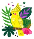 Tropical birds poster. Bright parrot and jungle plants. Funny rainforest creature. Yellow ara. Hibiscus flowers. Flying