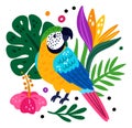 Tropical birds poster. Funny rainforest creature. Parrot and jungle plants. Exotic hibiscus flowers. Feathered animal