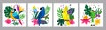 Tropical birds posters. Funny rainforest creatures. Bright parrots and jungle plants compositions. Exotic animals