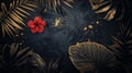 Tropical black gold leaves on dark background modern. Golden tropic jungle creeper stem with exotic red flower and paint Royalty Free Stock Photo