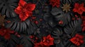 A tropical black leaf and exotic red flower on a dark background Modern poster with beautiful botanical design. Wedding Royalty Free Stock Photo