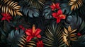 A tropical black leaf and red flower on dark background modern poster Beautiful botanical design with tropic jungle Royalty Free Stock Photo