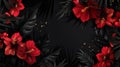 Tropical black leaves and exotic red flowers on a dark background modern poster Beautiful botanical design with tropic Royalty Free Stock Photo