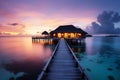Tropical bliss Maldives sunset, serene seascape, luxury resort, vacation banner