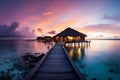 Tropical bliss Maldives sunset, serene seascape, luxury resort, vacation banner