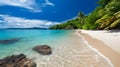 Tropical bliss, mesmerizing sandy beach, sun-kissed palms, and azure seascape Royalty Free Stock Photo