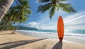 Tropical Bliss. Surfboard Rests on Sun-Drenched Beach.