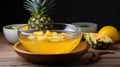 Tropical Bliss: White bowl enhanced with a tantalizing splash of golden pineapple juice, evoking the essence of a tropical