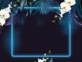 Tropical blue elegant frame arranged from exotic leaves and white orchid flowers. Design vector. Royalty Free Stock Photo