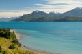 Tropical blue lake General Carrera, Chile with landscape mountains and tent