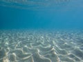 Tropical blue ocean with white sand underwater in Hawaii, underwater blue ocean wide background with sandy sea bottom, Real natura Royalty Free Stock Photo