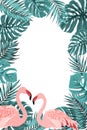 Tropical border frame turquoise leaves flamingo