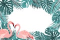 Tropical border frame turquoise leaves flamingo