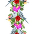 Tropical border seamless background Budgerigars, home pet ,blue pet parakeet on a bouquet with tropical flowers hibiscus, palm,phi