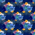 Tropical botanical Hibiscus blue cool tone design for illustration seamless pattern with white background