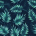 Tropical botany palm leaves watercolor drawing seamless pattern.