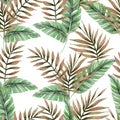 Tropical botany palm leaves watercolor drawing seamless pattern.