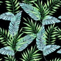 Tropical botany palm leaves watercolor drawing seamless pattern.