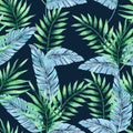 Tropical botany palm leaves watercolor drawing seamless pattern.