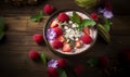 Tropical Breakfast Fruit Smoothie Bowl.Flavorsome bowl of organic berries and pitaya cream and sliced tropical fruits