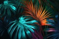 Tropical bright colorful background with exotic painted tropical palm leaves. AI generated