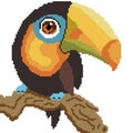 Tropical bright toucan bird on a branch. Pixel art style. Wild South American animal on a white isolated background
