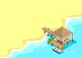 Isometric bungalow with a pier and a moored boat