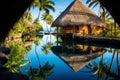 Tropical bungalows on the beach with reflection in the water, vacant paradise huts with ocean view