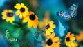 Tropical butterflies and yellow bright summer flowers on a background of colorful foliage in a fairy garden.