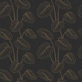 Tropical calathea leaves golden outline drawing seamless pattern. Black background.
