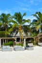 Tropical calm relaxation vacation. sea beach resort with beach and palm trees.