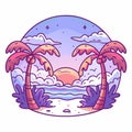 Tropical cartoon landscape. Palms, beach, sunset. Round frame Royalty Free Stock Photo