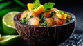 Tropical ceviche with fish mango and cilantro served in a coconut bowl Royalty Free Stock Photo