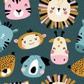 Tropical characters Seamless pattern with cute animals faces. Childish print for nursery in a Scandinavian style. For baby clothes Royalty Free Stock Photo