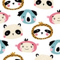 Tropical characters Seamless pattern with cute animals faces. Childish print for nursery in a Scandinavian style. For Royalty Free Stock Photo