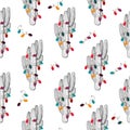 Tropical Christmas Cactus colorful lights seamless pattern in minimalistic black and white sketch style. Winter holiday