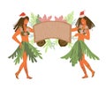 Tropical Christmas Card with Hawaiian dancers and banner, flat vector isolated.